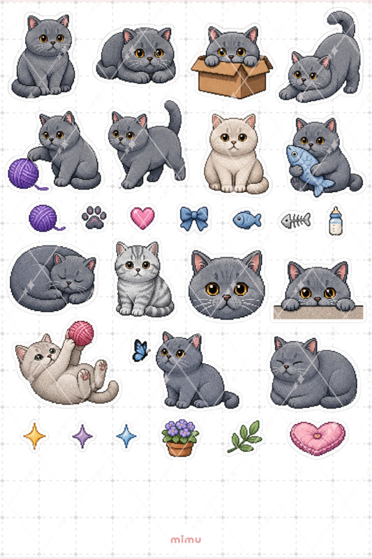 Pixel Art British Shorthair Kedi Sticker Seti Irk Kedi Temalı Dekoratif 2'li Etiket