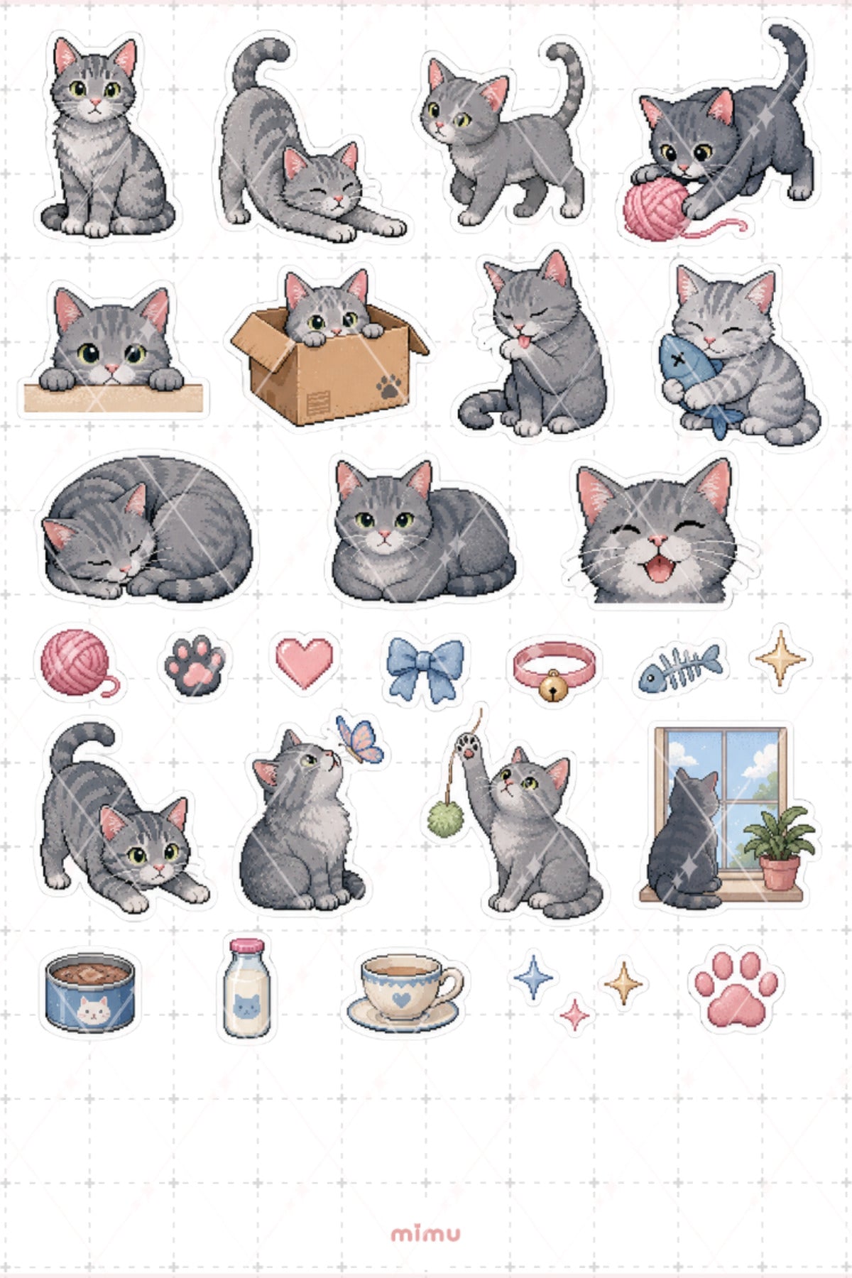 Pixel Art Gri Kedi Sticker Seti Grey Cat Patili Dost Temalı Dekoratif 2'li Etiket