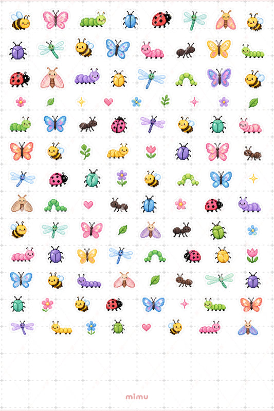Pixel Art Böcek Sticker Seti Doğa ve Minik Canlı Temalı Dekoratif 2'li Etiket