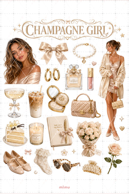 Champagne Girl Sticker Seti Şampanya Bej Lüks Romantik Estetik 2li Etiket