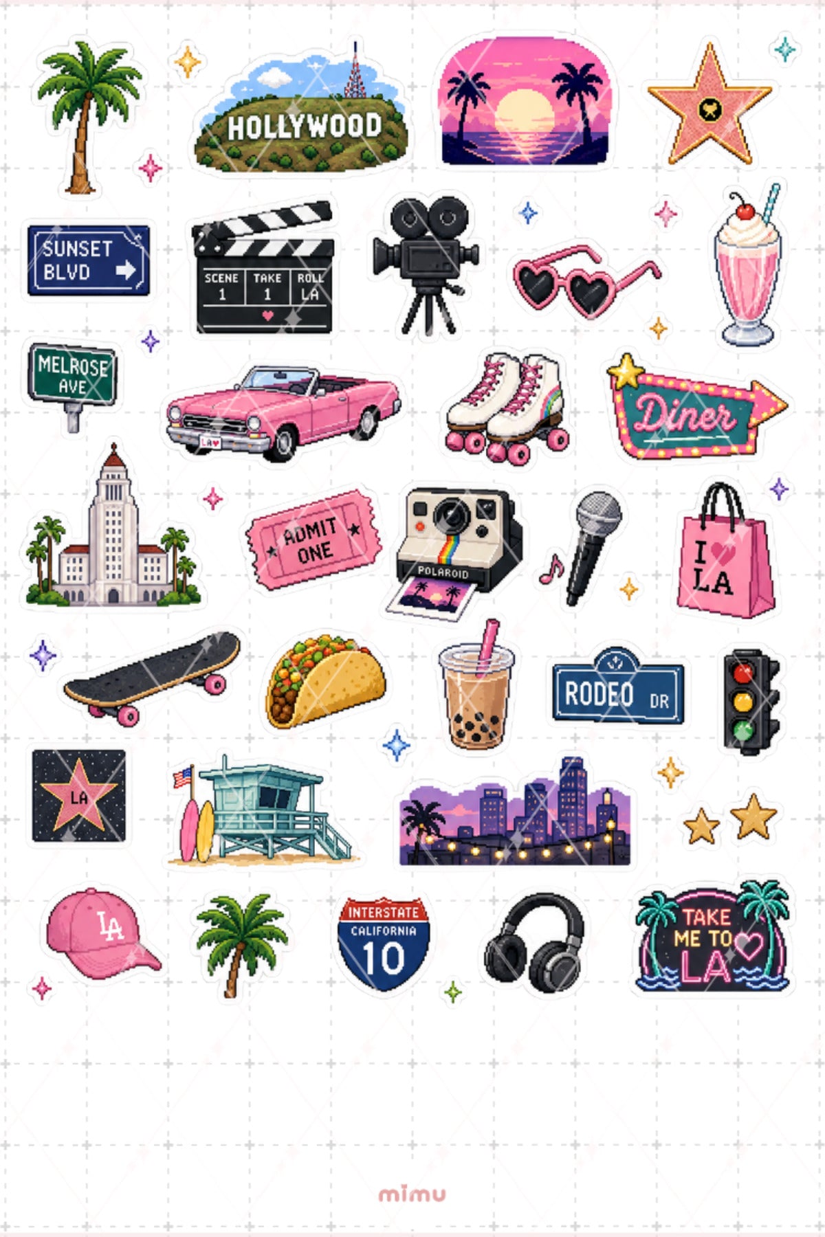 Pixel Art Los Angeles Sticker Seti Kaliforniya Şehir Temalı Dekoratif 2'li Etiket