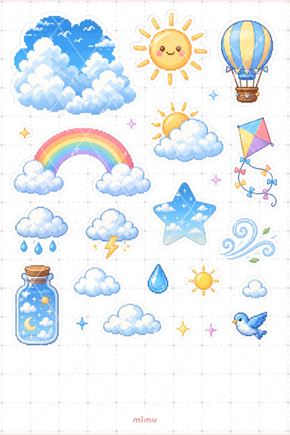 Pixel Art Gökyüzü Sticker Seti Sky Bulut ve Mavi Temalı Dekoratif 2'li Etiket - 2