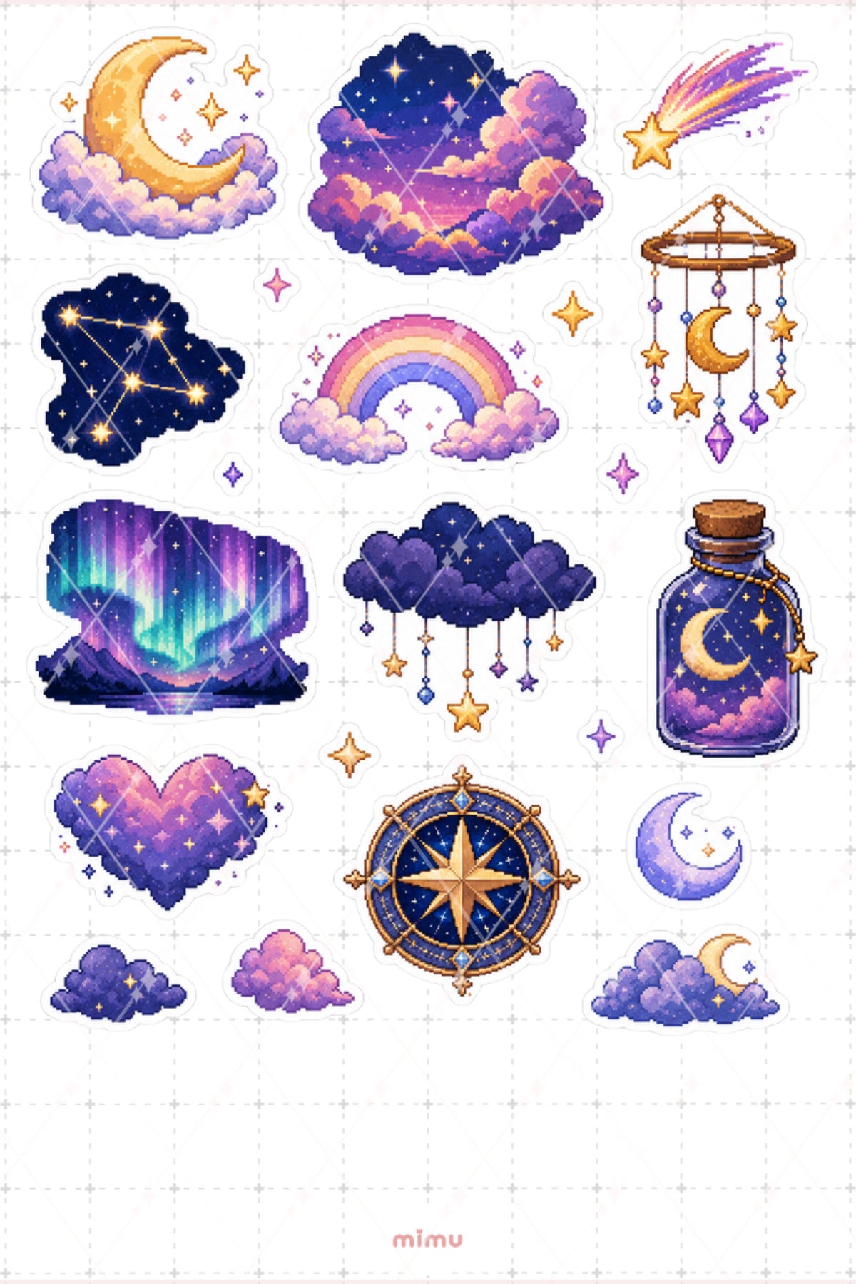 Pixel Art Gökyüzü Sticker Seti Sky Bulut ve Mavi Temalı Dekoratif 2'li Etiket