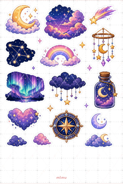 Pixel Art Gökyüzü Sticker Seti Sky Bulut ve Mavi Temalı Dekoratif 2'li Etiket