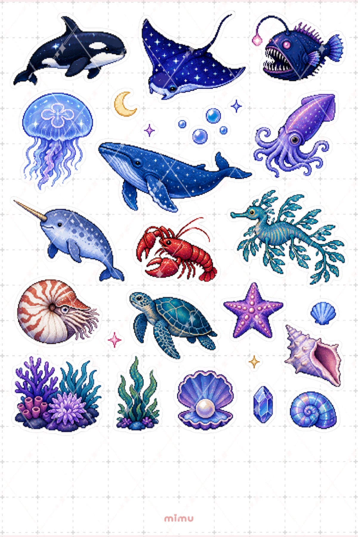 Pixel Art Okyanus Canlıları Sticker Seti Deniz Hayvanları Temalı Dekoratif 2'li Etiket