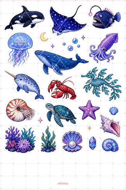 Pixel Art Okyanus Canlıları Sticker Seti Deniz Hayvanları Temalı Dekoratif 2'li Etiket