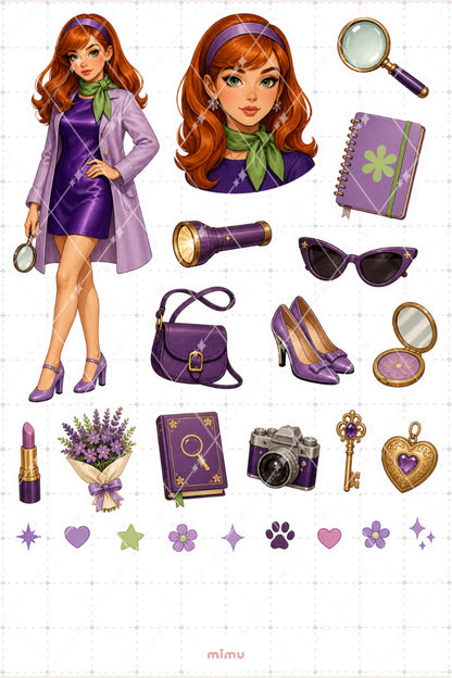 Daphne Sticker Seti Mor Yeşil Gizem Dedektif Temalı Dekoratif 2'li Etiket