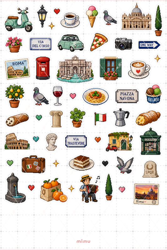 Pixel Art Roma Sticker Seti İtalya Şehir Temalı Dekoratif 2'li Etiket