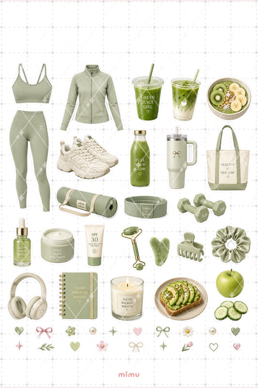 Matcha Morning Reset Sticker Seti Adaçayı Yeşili Wellness Sabah Rutini 2li Etiket