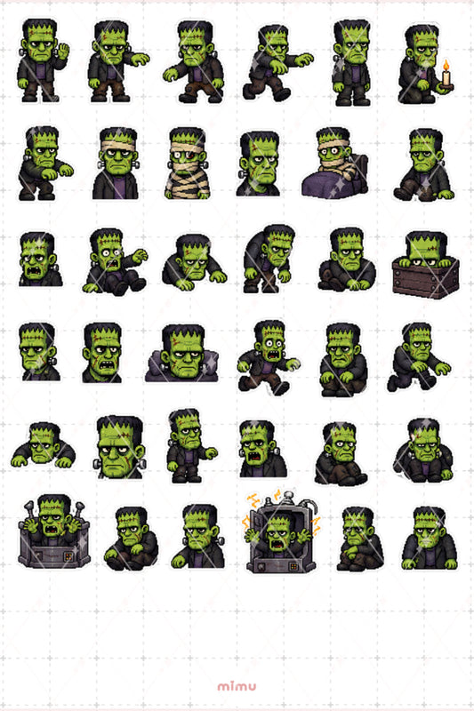 Pixel Art Halloween Sticker Seti Frankenstein Temalı Dekoratif 2'li Etiket