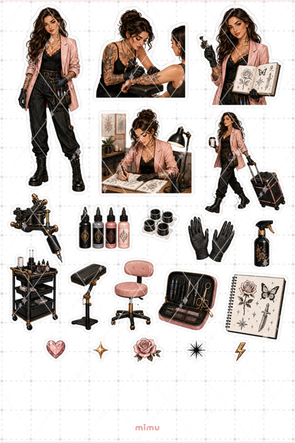Dövme Sanatçısı Sticker Seti Tattoo Studio Temalı Dekoratif 2'li Etiket