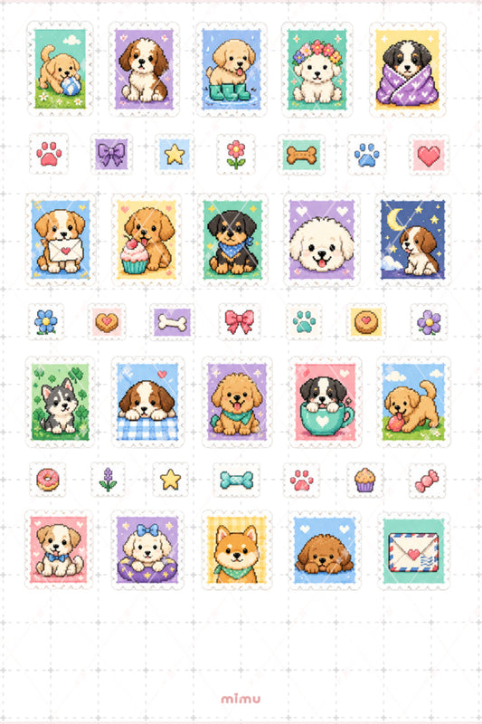 Pixel Art Yavru Köpek Pul Sticker Seti Vintage Posta Temalı Dekoratif 2'li Etiket
