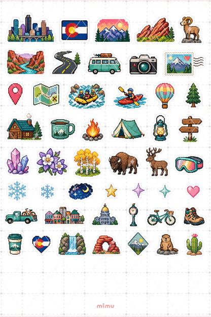 Pixel Art Colorado Sticker Seti Dağ ve Eyalet Temalı Dekoratif 2'li Etiket