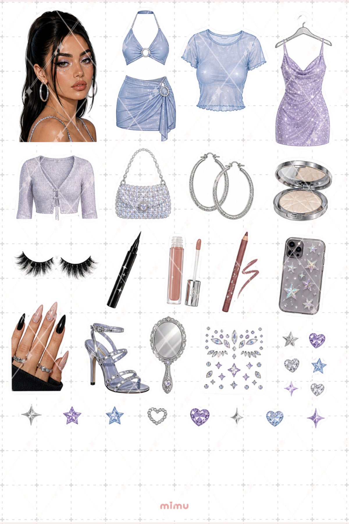 Maddy Perez Sticker Seti Mor Parıltılı Y2K Moda Temalı Dekoratif 2'li Etiket