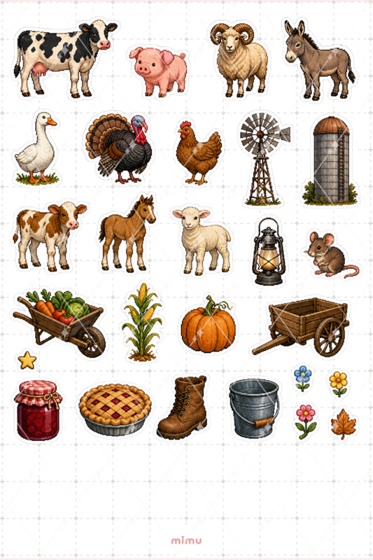 Pixel Art Çiftlik Hayvanları Sticker Seti Köy Yaşamı Temalı Dekoratif 2'li Etiket