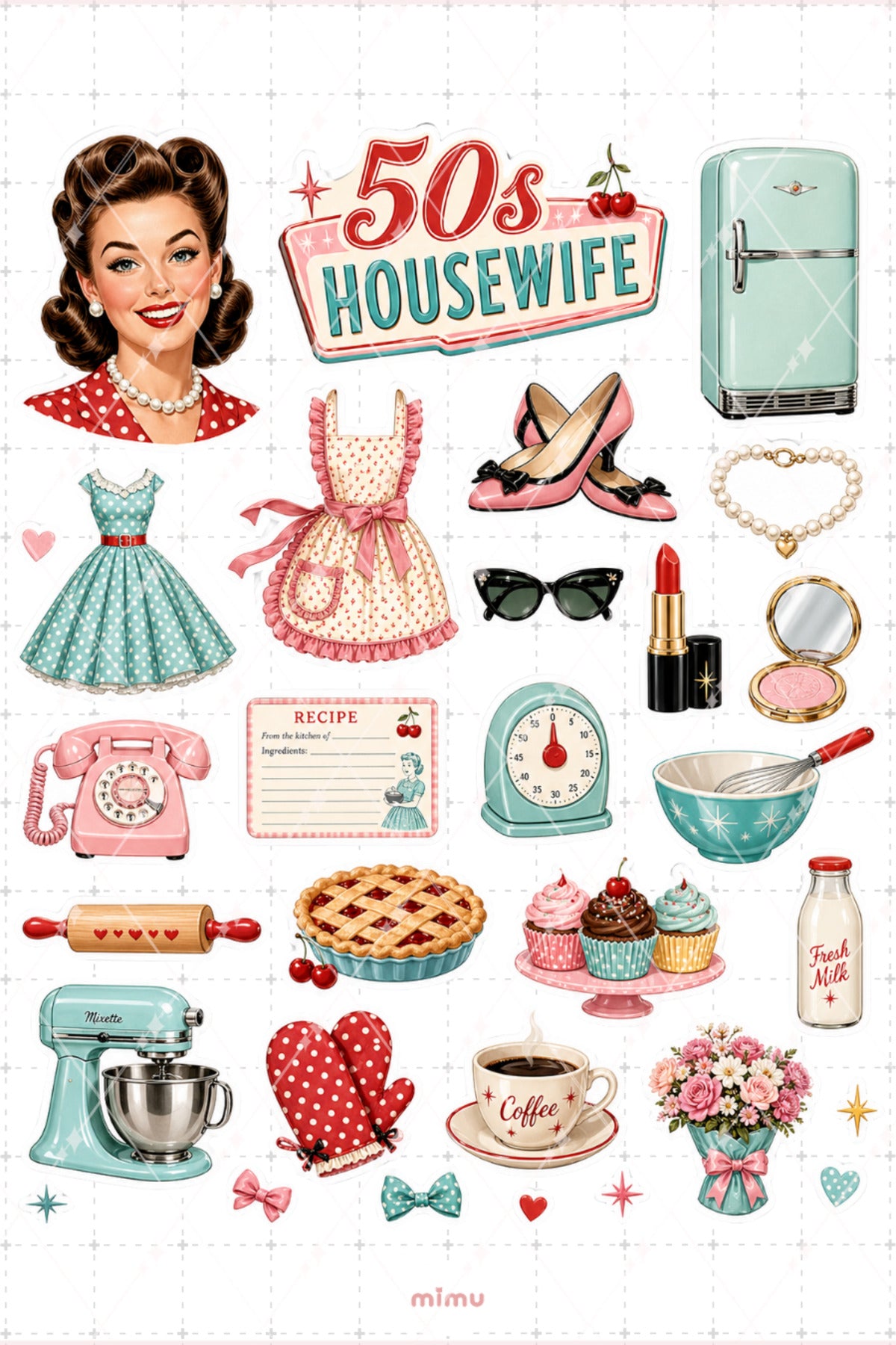 50s Housewife Sticker Seti Retro Ev Hanımı Mutfak Temalı 2li Dekoratif Etiket