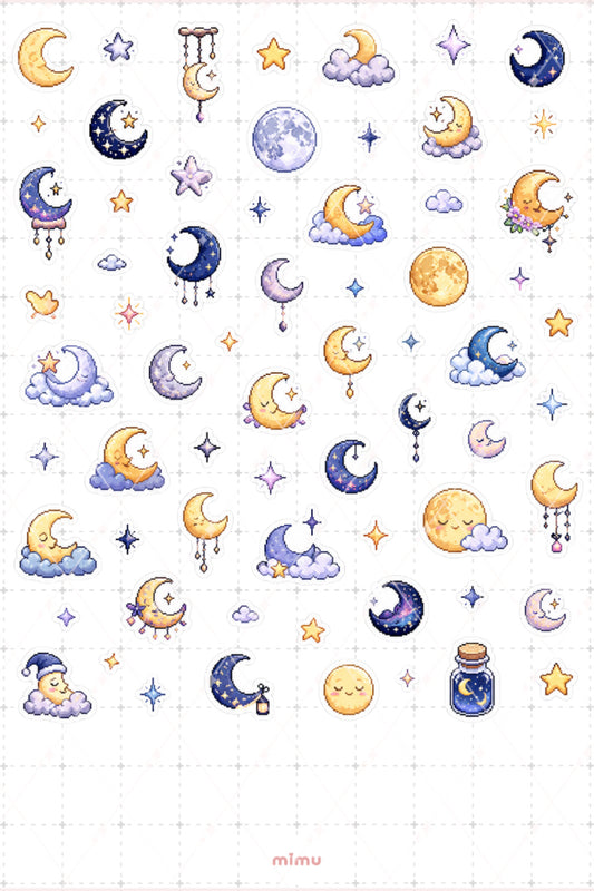 Pixel Art Ay Sticker Seti Moon Gökyüzü ve Gece Temalı Dekoratif 2'li Etiket