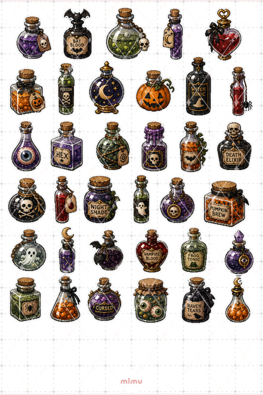 Pixel Art Halloween Sticker Seti İksir Şişeleri Temalı Dekoratif 2'li Etiket 2