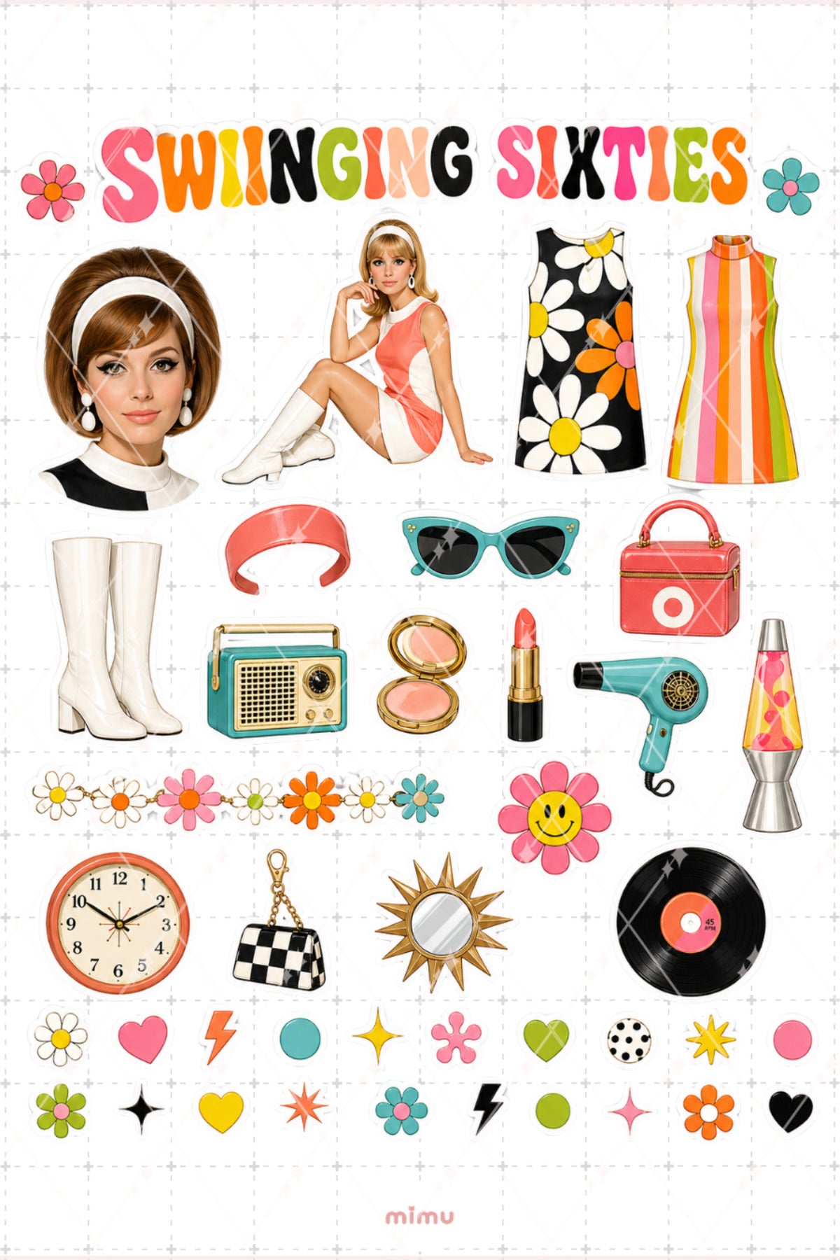Mod Girl Magic Sticker Seti Retro Renkli Kız Temalı 2li Dekoratif Etiket - 2