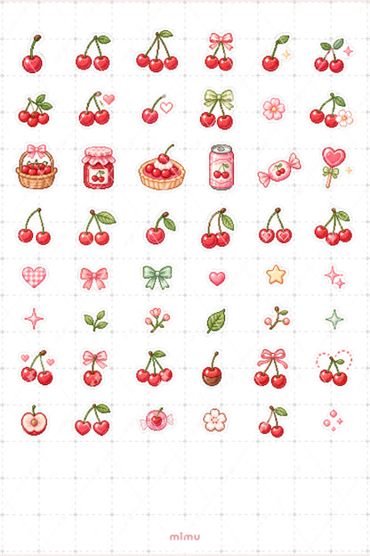 Pixel Art Kiraz Sticker Seti Cherry Meyve Temalı Dekoratif 2'li Etiket