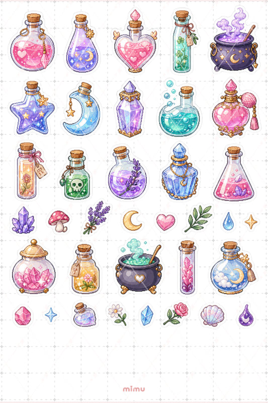 Pixel Art İksir Şişesi Sticker Seti Potion Büyü Temalı Dekoratif 2'li Etiket
