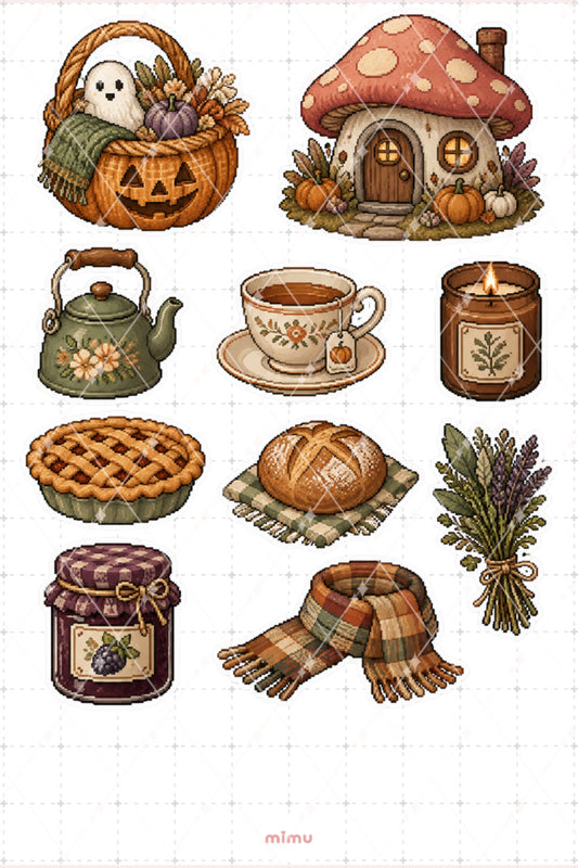 Pixel Art Halloween Sticker Seti Cozy Sonbahar Temalı Dekoratif 2'li Etiket