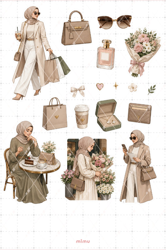 Lüks Yaşam Sticker Seti Alışveriş ve Zarif Stil Temalı Dekoratif 2'li Etiket