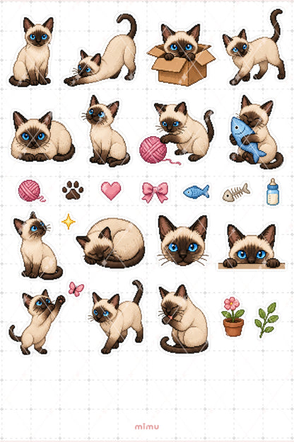 Pixel Art Siyam Kedisi Sticker Seti Siamese Cat Irk Kedi Temalı Dekoratif 2'li Etiket