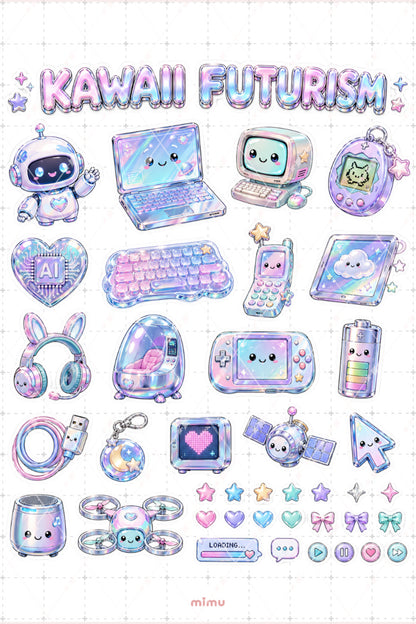 Kawaii Futurism Sticker Seti Pastel Teknoloji Robot Estetiği 2li Etiket