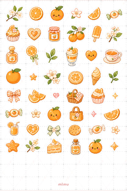 Pixel Art Portakal Sticker Seti Orange Narenciye Meyve Temalı Dekoratif 2'li Etiket