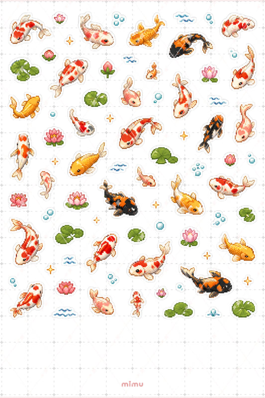 Pixel Art Koi Balığı Sticker Seti Japon Bahçesi Temalı Dekoratif 2'li Etiket