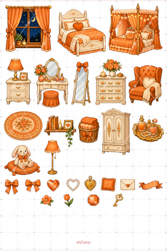Pixel Art Turuncu Yatak Odası Sticker Seti Sıcak Oda Dekoru Temalı Dekoratif 2'li Etiket