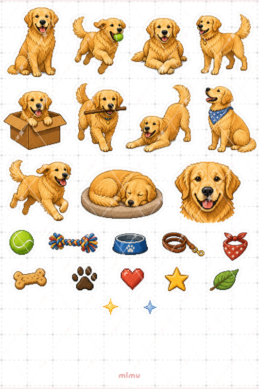Pixel Art Golden Retriever Sticker Seti Irk Köpek Temalı Dekoratif 2'li Etiket