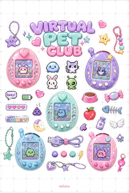Virtual Pet Club Sticker Seti Pastel Tamagotchi Kawaii Oyun Temalı 2li Etiket