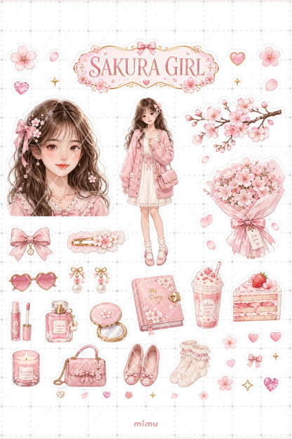 Sakura Girl Sticker Seti Pembe Kiraz Çiçeği Kız Temalı 2li Dekoratif Etiket