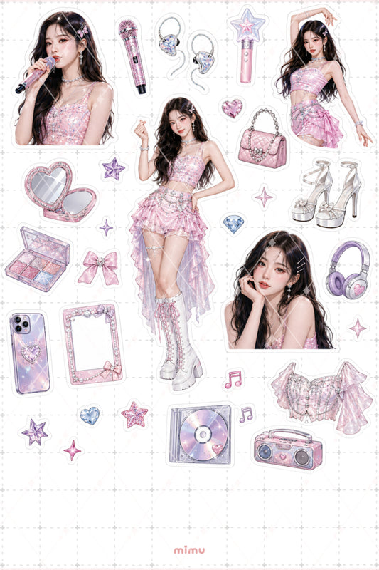 K-Pop İdol Kız Pembe Sahne Konseptli Dekoratif 2'li Etiket