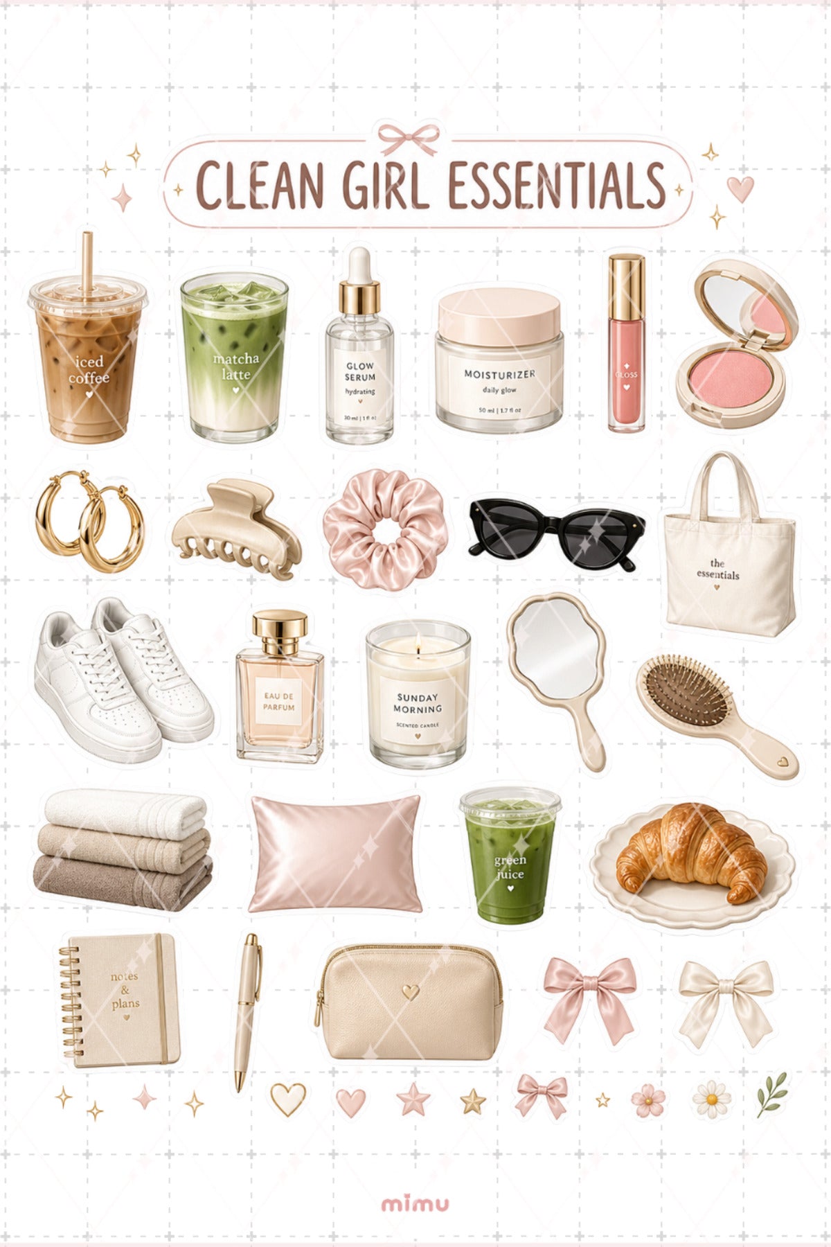 Clean Girl Essentials Sticker Seti Bej Pembe Bakım Rutini Estetik 2li Etiket