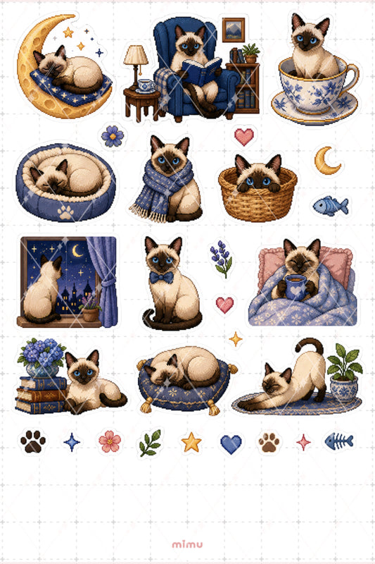 Pixel Art Siyam Kedisi Sticker Seti Siamese Cat Irk Kedi Temalı Dekoratif 2'li Etiket
