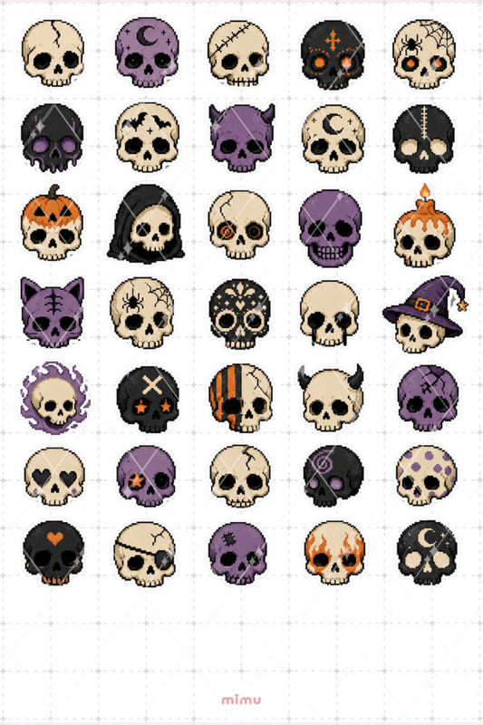 Pixel Art Halloween Sticker Seti Kuru Kafa Temalı Dekoratif 2'li Etiket