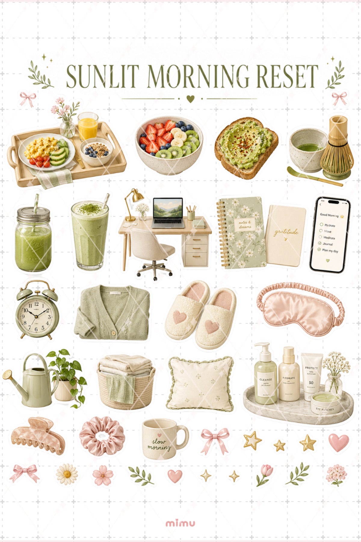 Sunday Morning Reset Sticker Seti Yeşil Pembe Sabah Rutini Estetik 2li Etiket