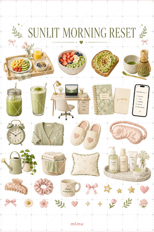 Sunday Morning Reset Sticker Seti Yeşil Pembe Sabah Rutini Estetik 2li Etiket