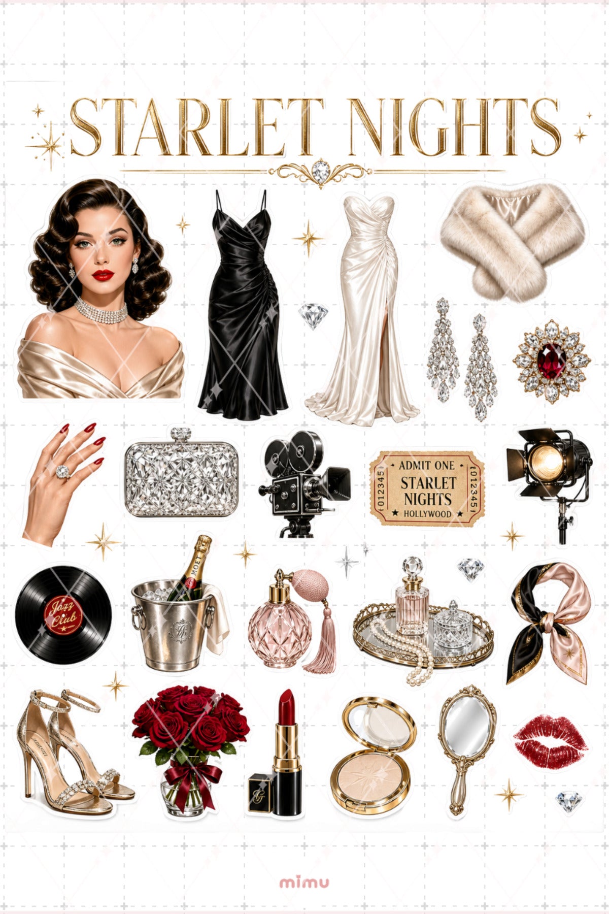 Hollywood Glam Sticker Seti Kırmızı Altın Vintage Sinema Temalı 2li Etiket