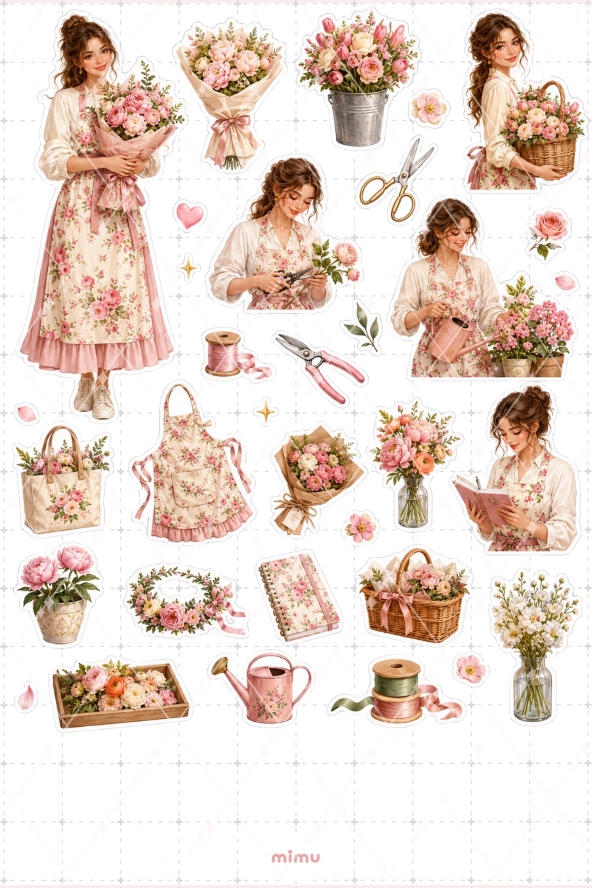 Çiçekçi Kız Sticker Seti Romantik Çiçek Düzenleme Temalı Dekoratif 2'li Etiket