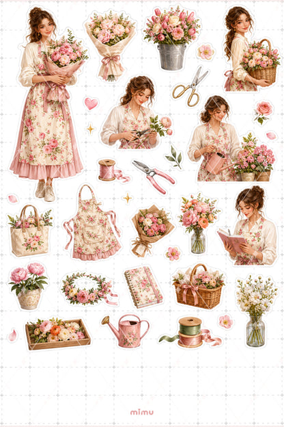Çiçekçi Kız Sticker Seti Romantik Çiçek Düzenleme Temalı Dekoratif 2'li Etiket