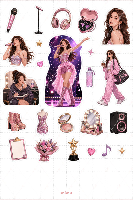 Şarkıcı Kız Sticker Seti Pembe Sahne Konseri Temalı Dekoratif 2'li Etiket