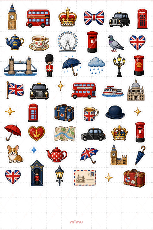 Pixel Art Londra Sticker Seti İngiltere Şehir Temalı Dekoratif 2'li Etiket