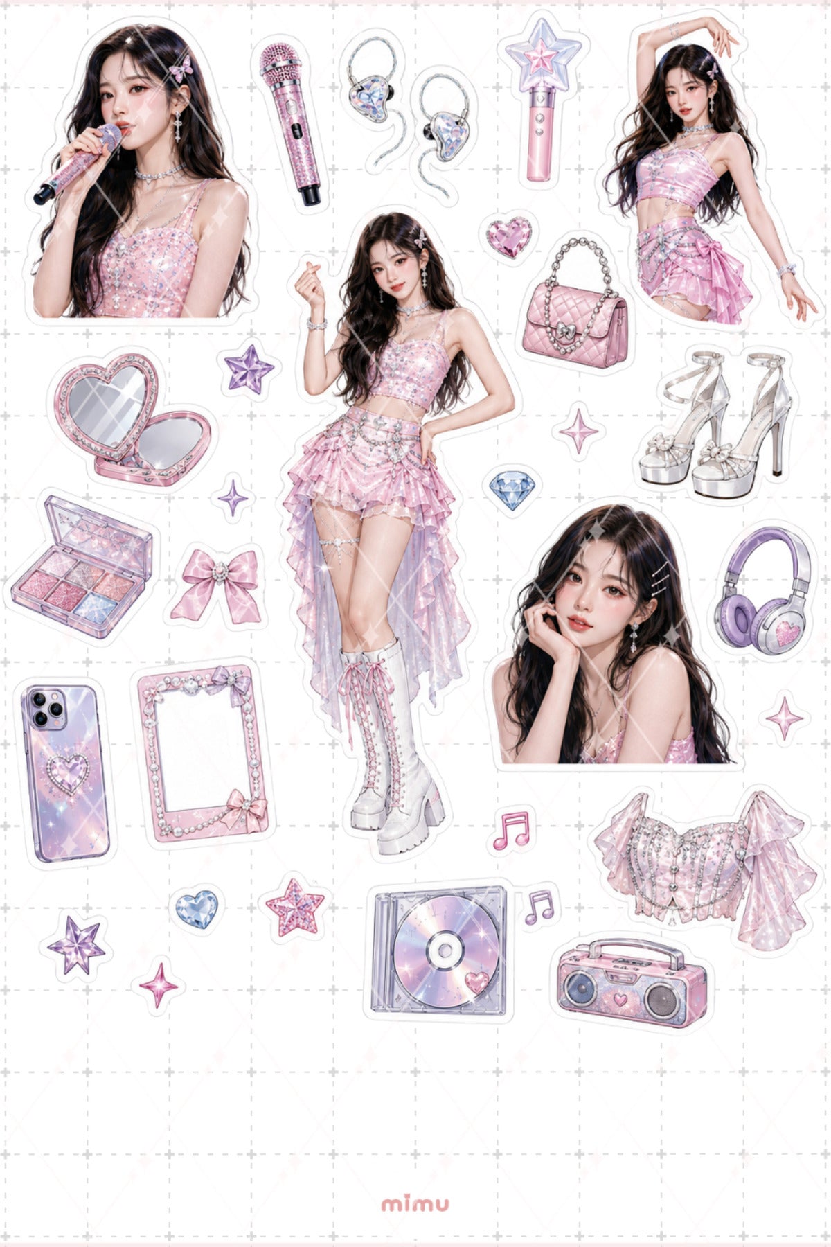K-Pop İdol Kız Pembe Sahne Konseptli Dekoratif 2'li Etiket