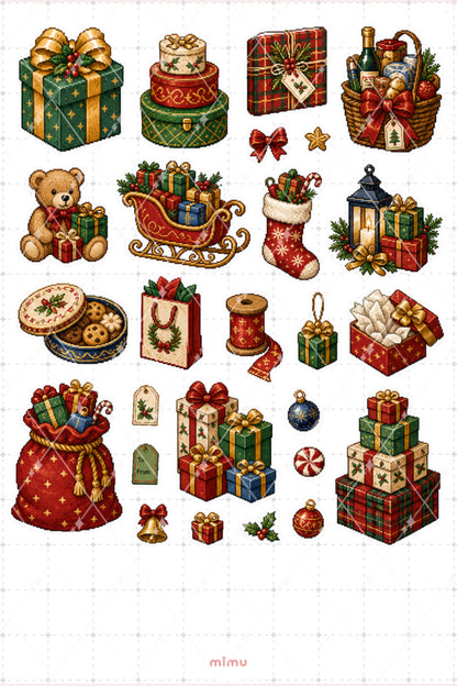 Pixel Art Yılbaşı Hediyeleri Sticker Seti Hediye Paketleri ve Noel Temalı Dekoratif 2'li Etiket - 2