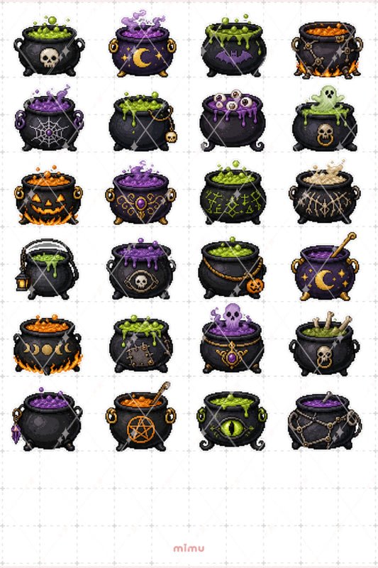 Pixel Art Halloween Sticker Seti Cadı Kazanı Temalı Dekoratif 2'li Etiket
