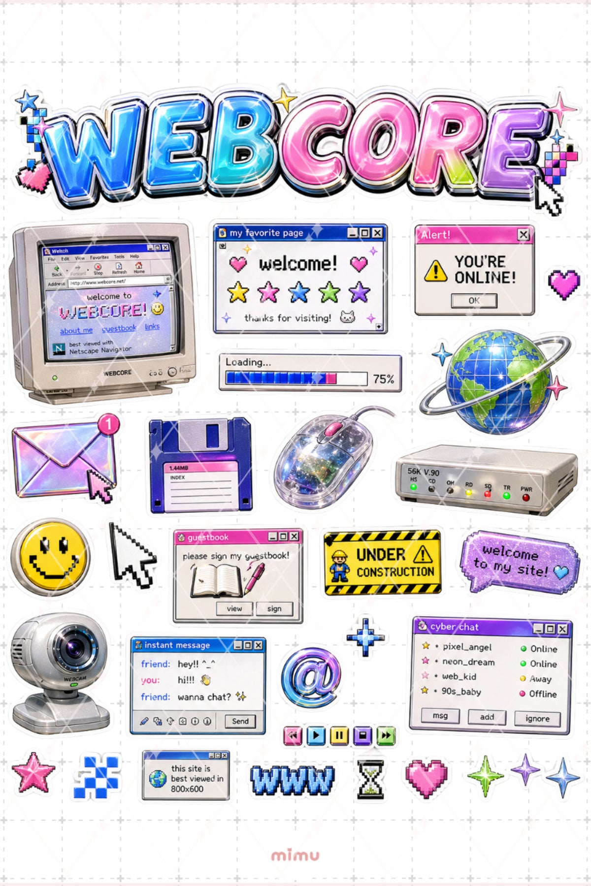 Webcore Sticker Seti Retro İnternet Bilgisayar Pixel Estetiği 2li Etiket